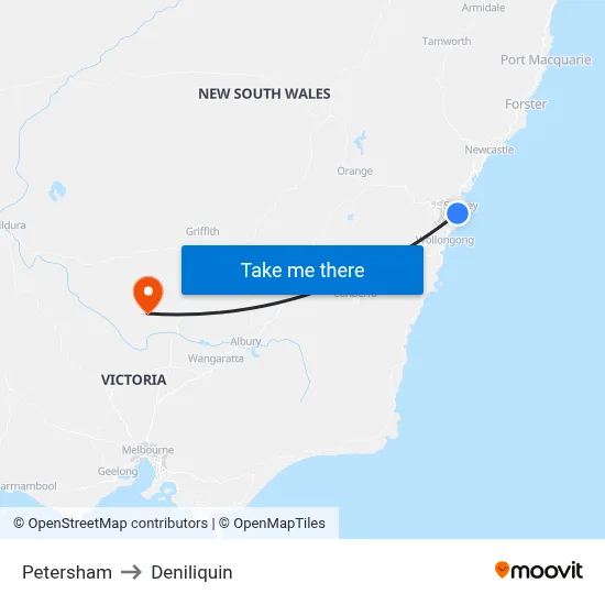 Petersham to Deniliquin map