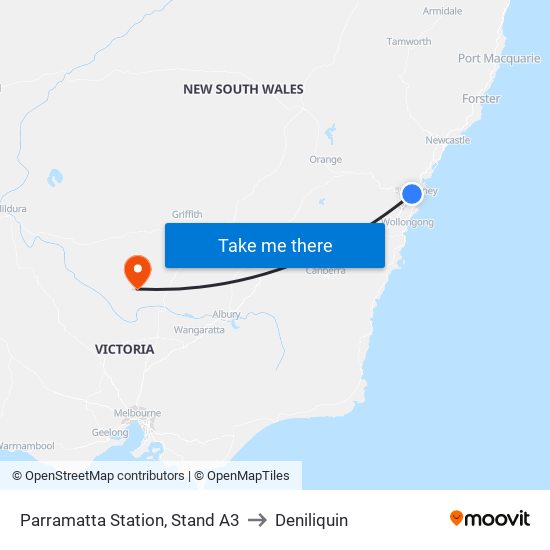 Parramatta Station, Stand A3 to Deniliquin map