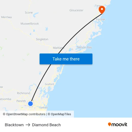 Blacktown to Diamond Beach map