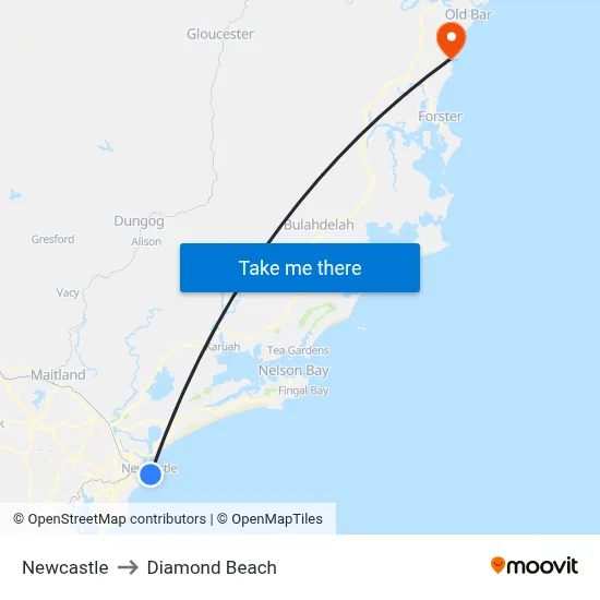 Newcastle to Diamond Beach map