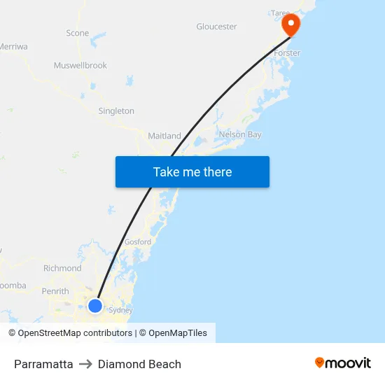 Parramatta to Diamond Beach map
