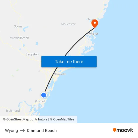 Wyong to Diamond Beach map
