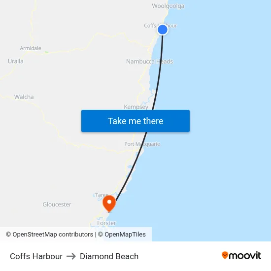 Coffs Harbour to Diamond Beach map