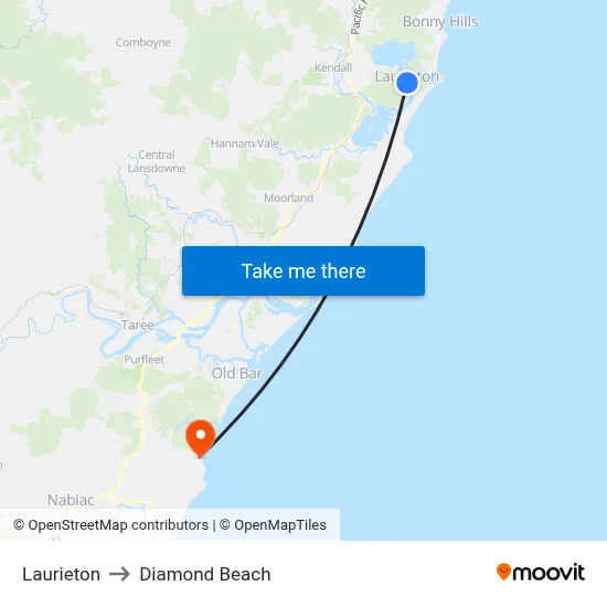 Laurieton to Diamond Beach map