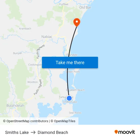 Smiths Lake to Diamond Beach map