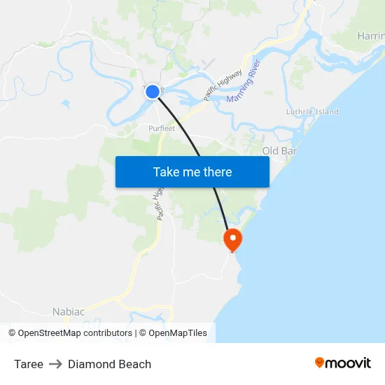 Taree to Diamond Beach map