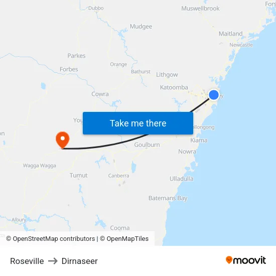 Roseville to Dirnaseer map