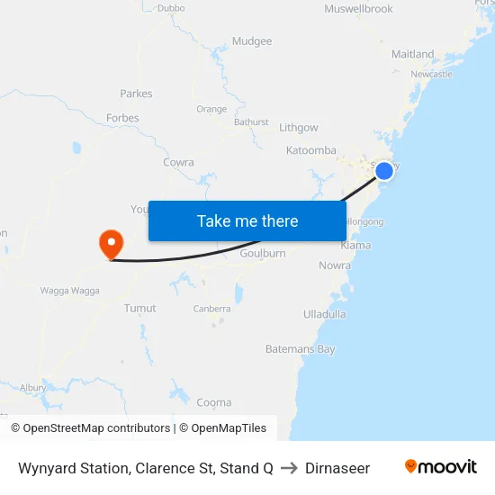 Wynyard Station, Clarence St, Stand Q to Dirnaseer map