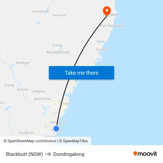 Blackbutt (NSW) to Dondingalong map