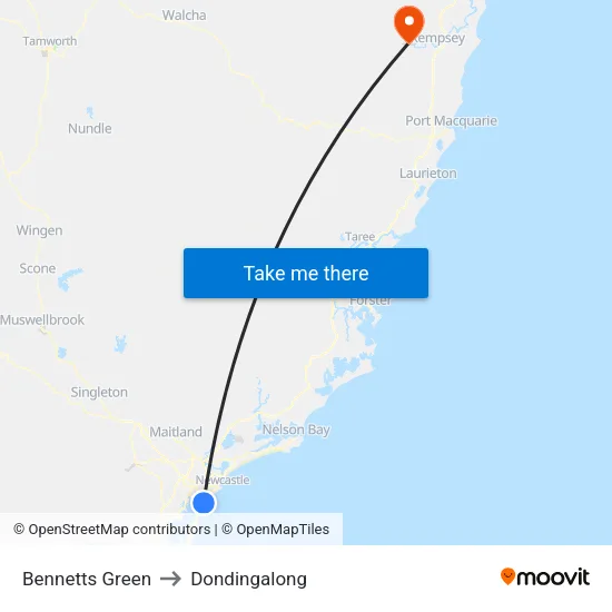 Bennetts Green to Dondingalong map