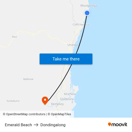 Emerald Beach to Dondingalong map