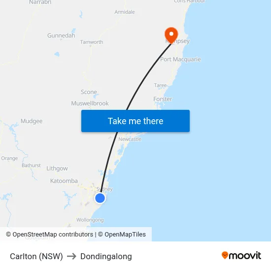 Carlton (NSW) to Dondingalong map
