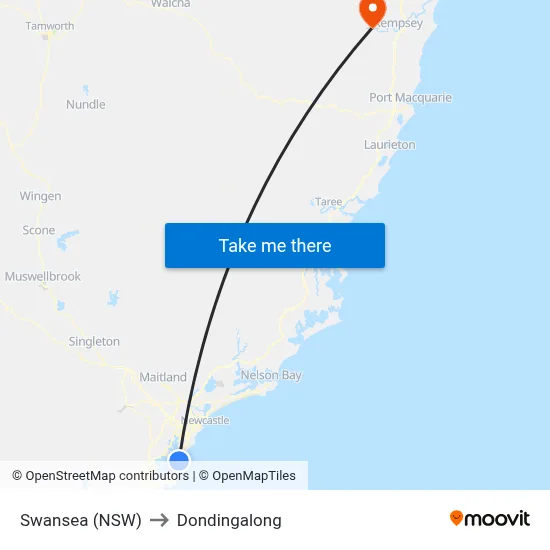 Swansea (NSW) to Dondingalong map