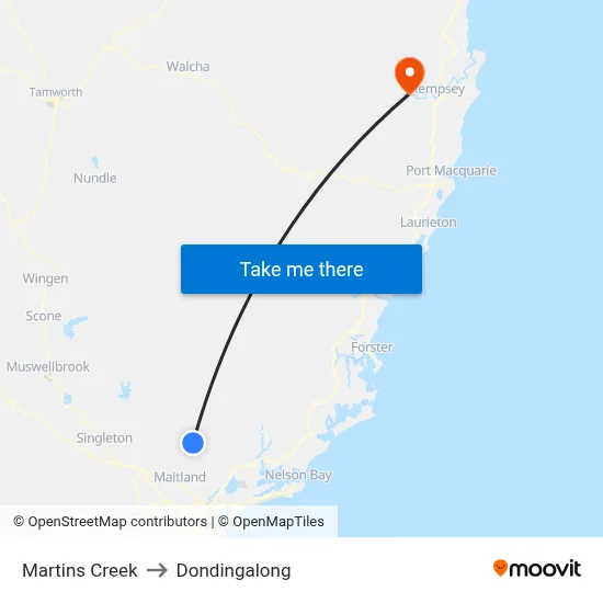 Martins Creek to Dondingalong map