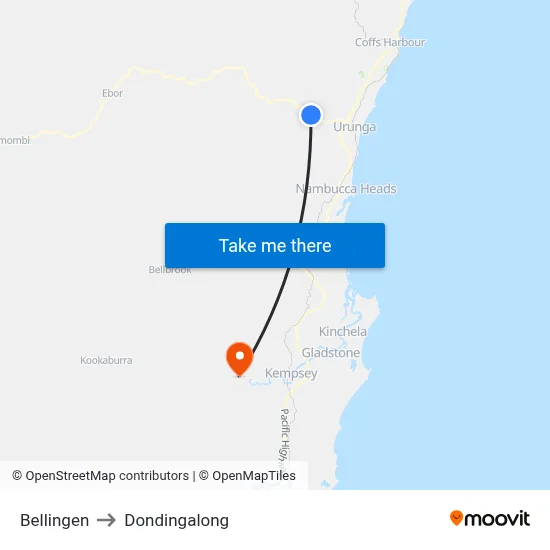 Bellingen to Dondingalong map