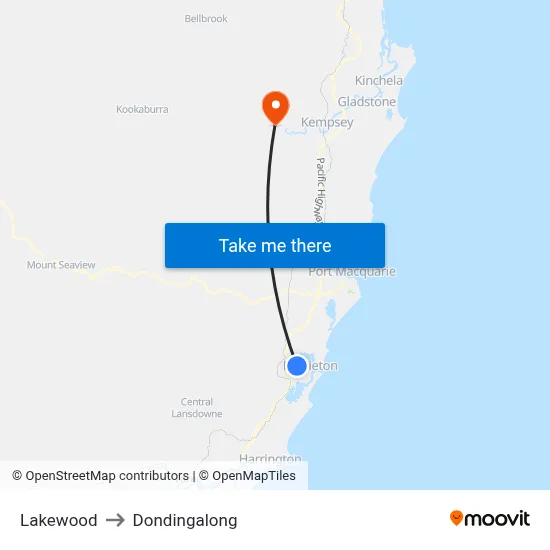 Lakewood to Dondingalong map