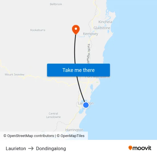 Laurieton to Dondingalong map