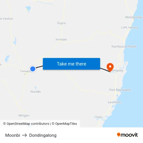 Moonbi to Dondingalong map