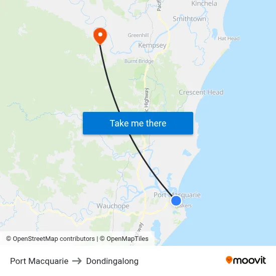Port Macquarie to Dondingalong map