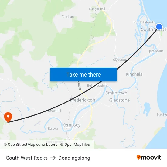 South West Rocks to Dondingalong map