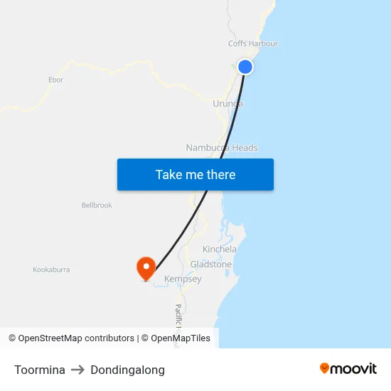 Toormina to Dondingalong map