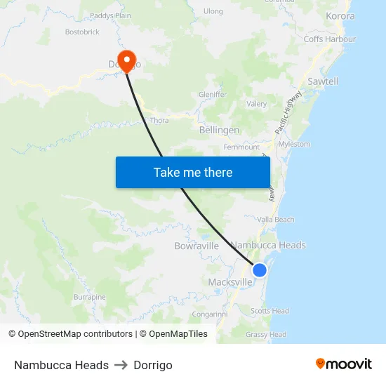 Nambucca Heads to Dorrigo map