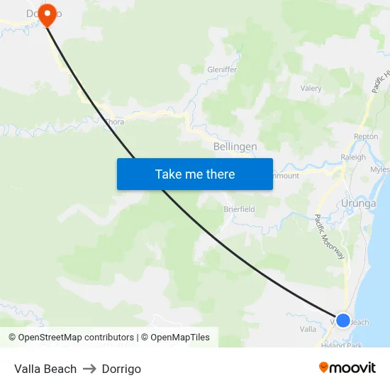 Valla Beach to Dorrigo map