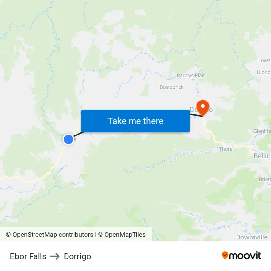 Ebor Falls to Dorrigo map