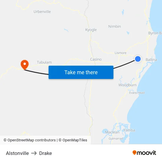 Alstonville to Drake map