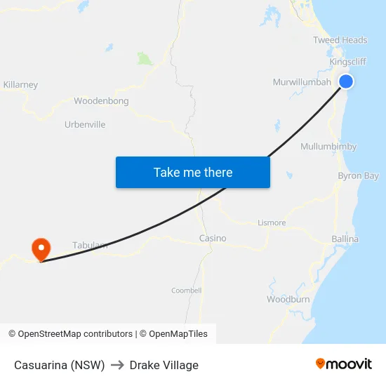 Casuarina (NSW) to Drake Village map