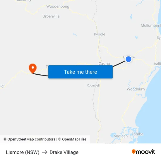 Lismore (NSW) to Drake Village map