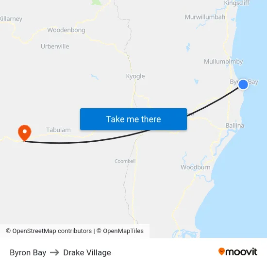 Byron Bay to Drake Village map