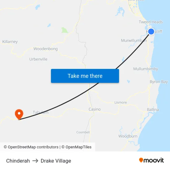 Chinderah to Drake Village map