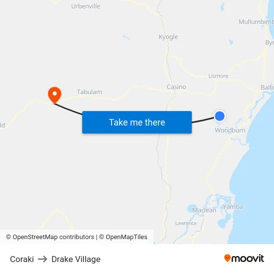 Coraki to Drake Village map