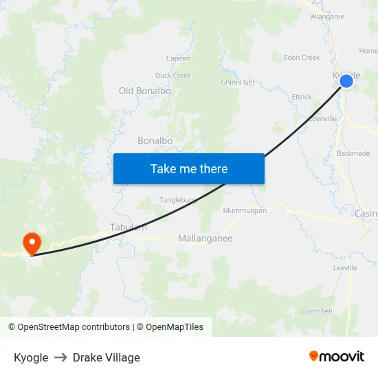 Kyogle to Drake Village map