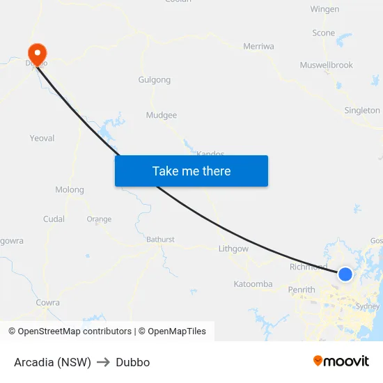 Arcadia (NSW) to Dubbo map