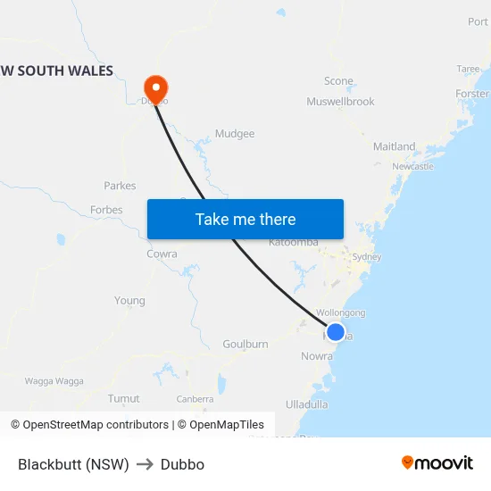 Blackbutt (NSW) to Dubbo map