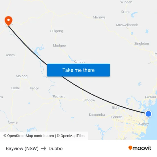 Bayview (NSW) to Dubbo map