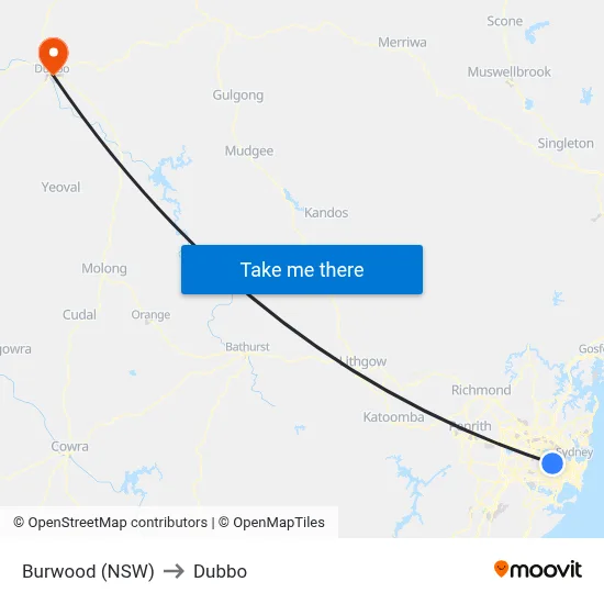 Burwood (NSW) to Dubbo map