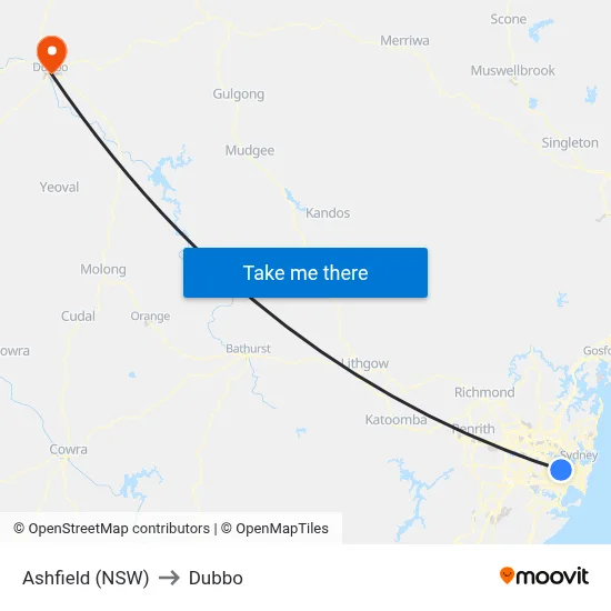 Ashfield (NSW) to Dubbo map