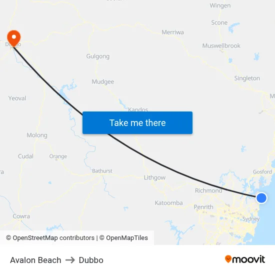 Avalon Beach to Dubbo map