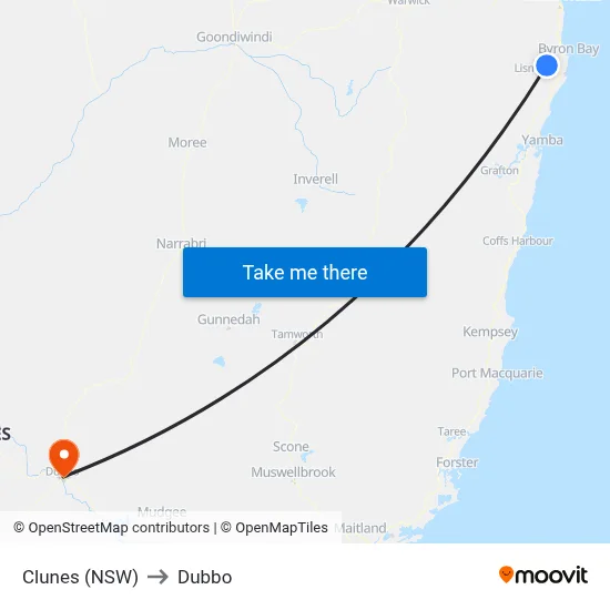 Clunes (NSW) to Dubbo map
