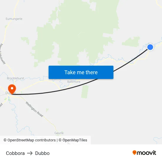 Cobbora to Dubbo map