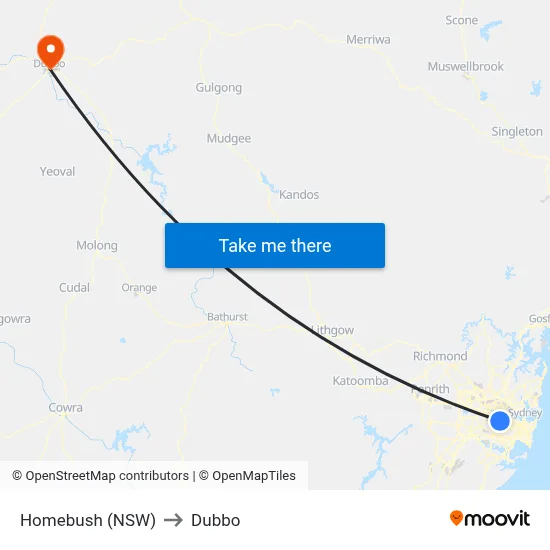 Homebush (NSW) to Dubbo map