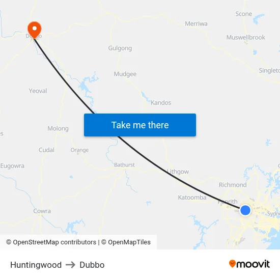 Huntingwood to Dubbo map