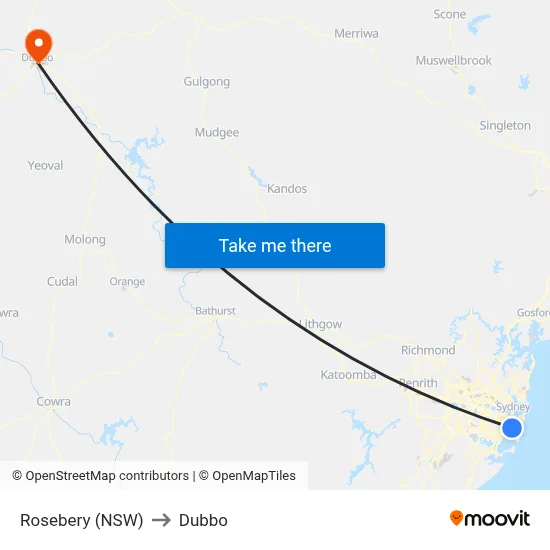 Rosebery (NSW) to Dubbo map