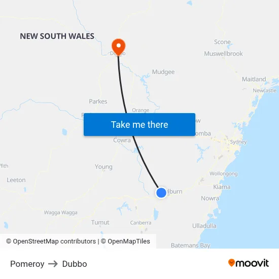 Pomeroy to Dubbo map