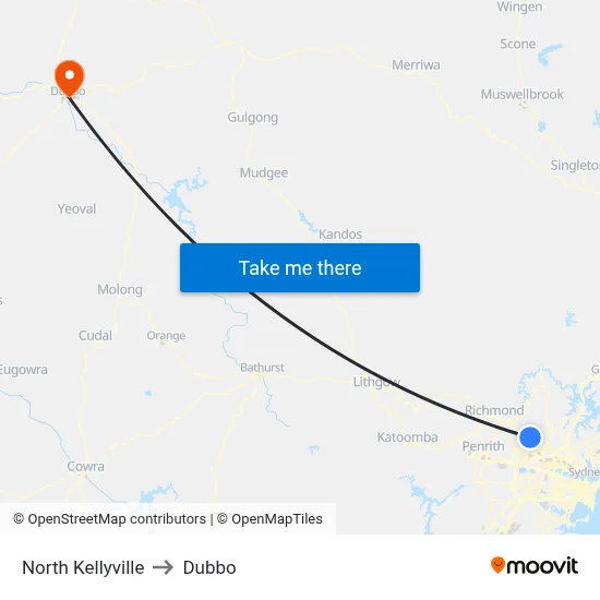 North Kellyville to Dubbo map