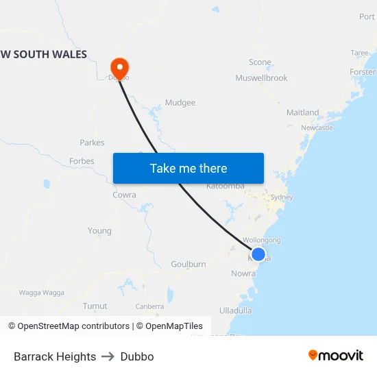 Barrack Heights to Dubbo map