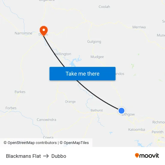 Blackmans Flat to Dubbo map